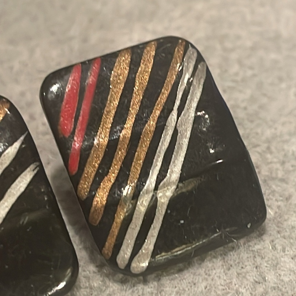 Vintage 80’s Stripe Lightweight Earrings Black Bronze Red & Silver - Picture 6 of 8